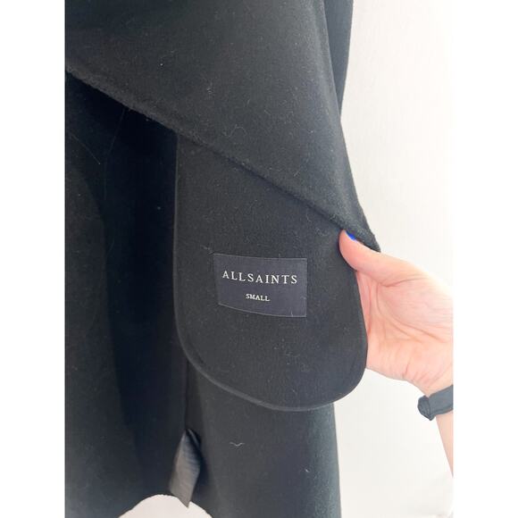ALLSAINTS Adalee Black Wool Blend Coat Small Drape Front Classic Minimalist - Picture 6 of 9